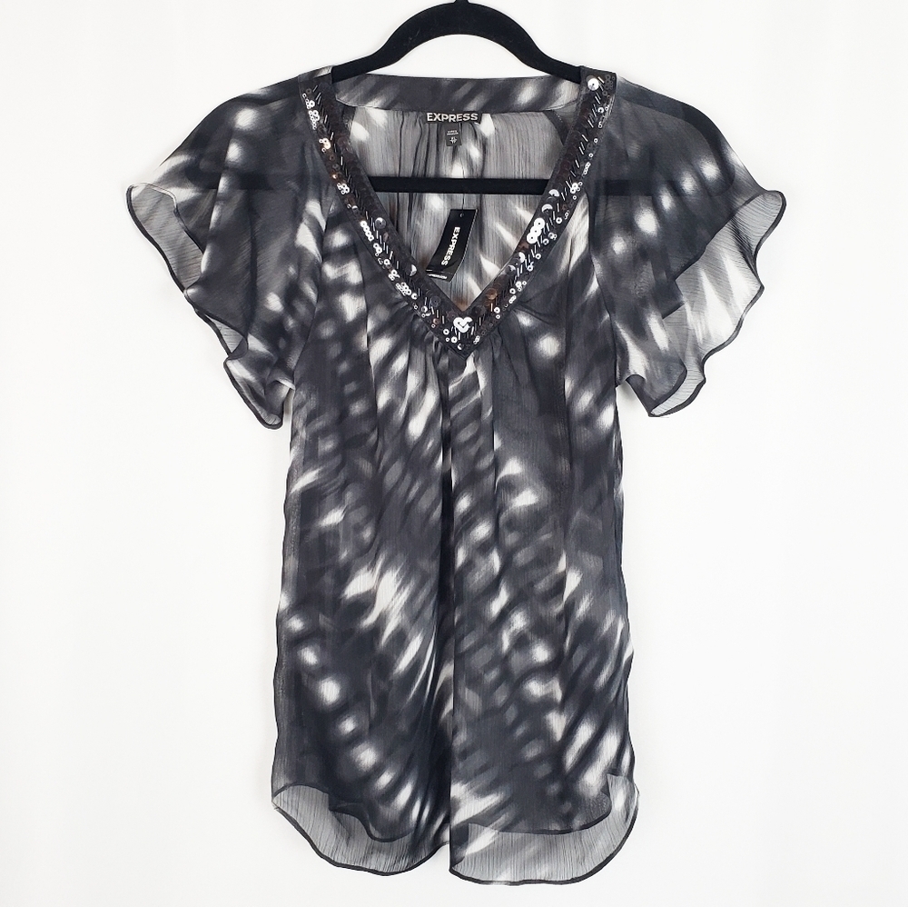 Express sheer tie dye sequin V neck blouse
